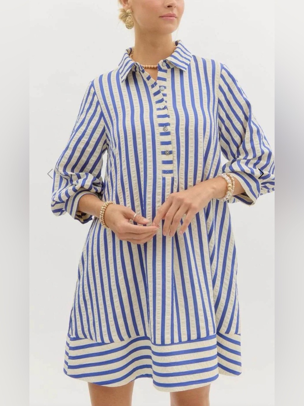 entro Blue and Cream Striped Long-Sleeve Shirt Dress